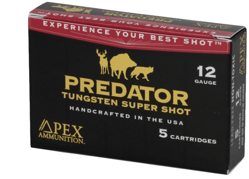Apex Ammunition Predator Tungsten Super Shot 12 gauge box, handcrafted TSS shotshells made in the USA for precision predator and deer hunting.