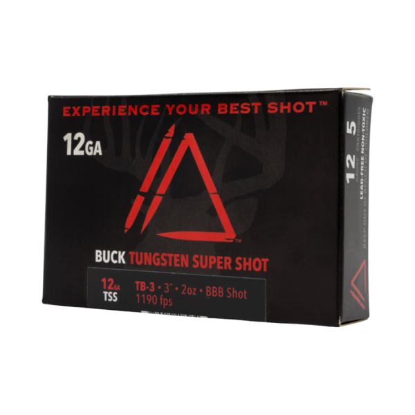 Box of Apex Ammunition Buck Tungsten Super Shot 12 Gauge TSS shells with red Apex logo and text reading ‘Experience Your Best Shot2